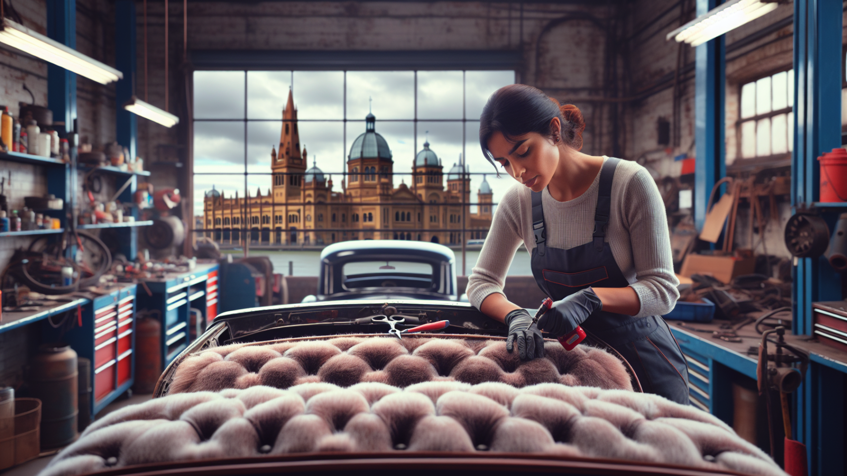 An expert technician meticulously repairing the plush roof lining of a vintage car in a well-equipped workshop in Geelong, with the city's landmarks subtly visible through the garage window.
